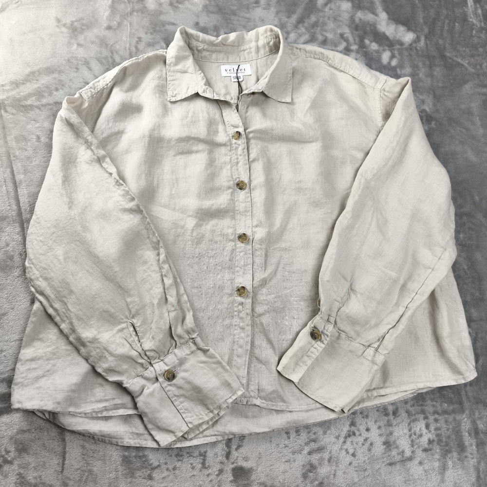 Velvet Graham Spencer Linen Button Up Shirt Womens L Beige USA Made NWOT